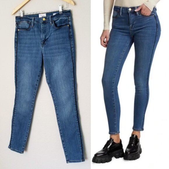Frame Le High Skinny Jeans 31 Side Stripe Piping Stretchy Twinhill Blue $230 - Picture 5 of 16